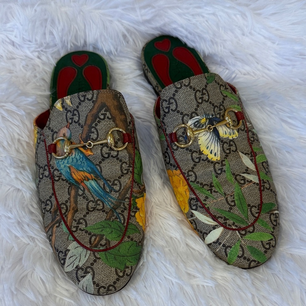 Gucci Beige Multicolor Bird Print Mules